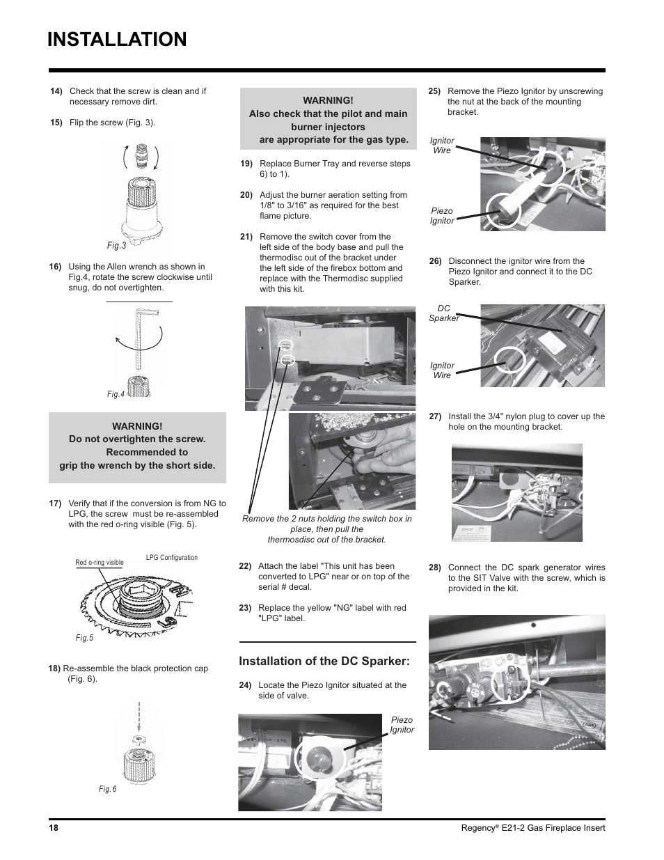 Installation, Installation of the dc sparker | Regency E21-LP2 User Manual | Page 18 / 32