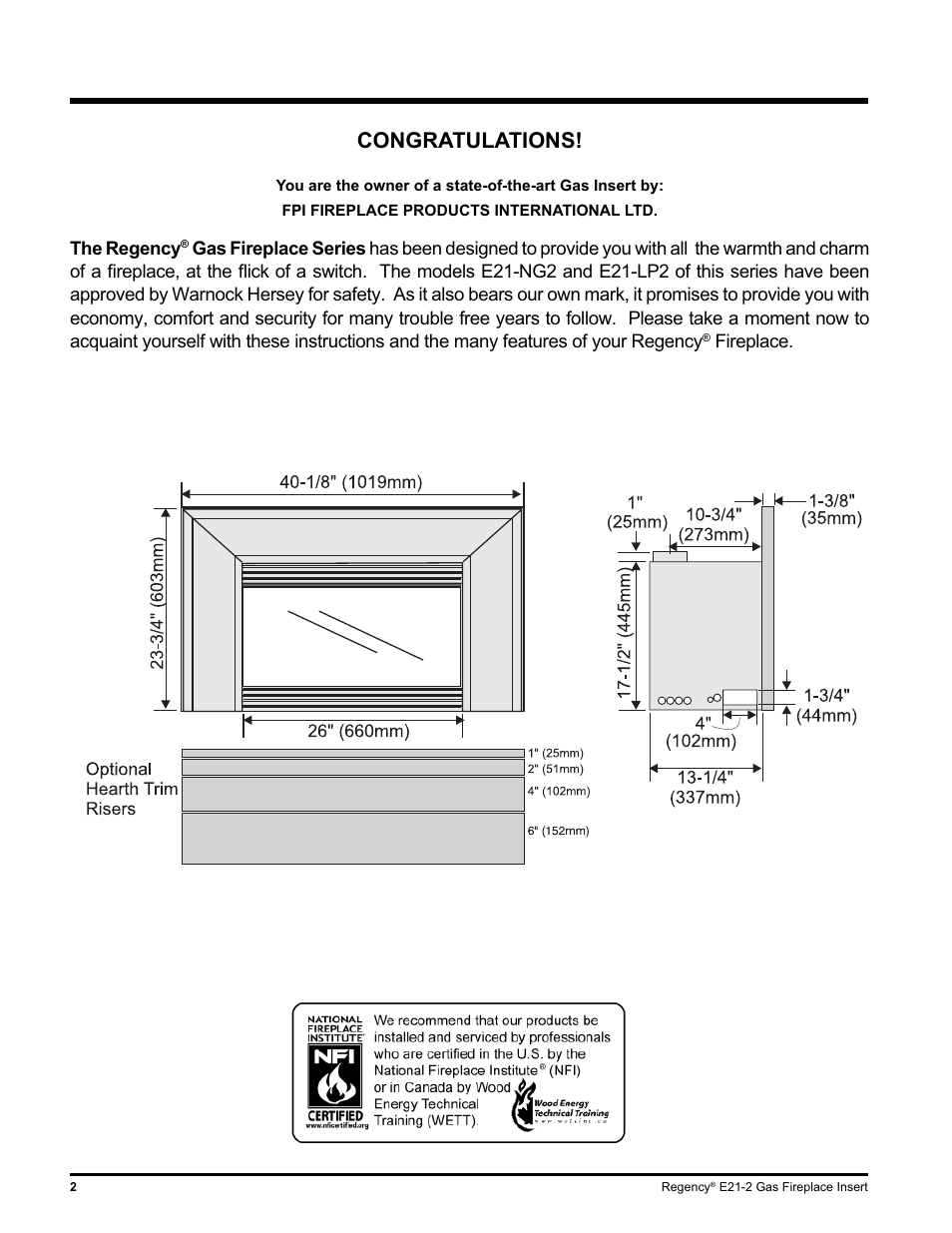 The regency, Fireplace | Regency E21-LP2 User Manual | Page 2 / 32