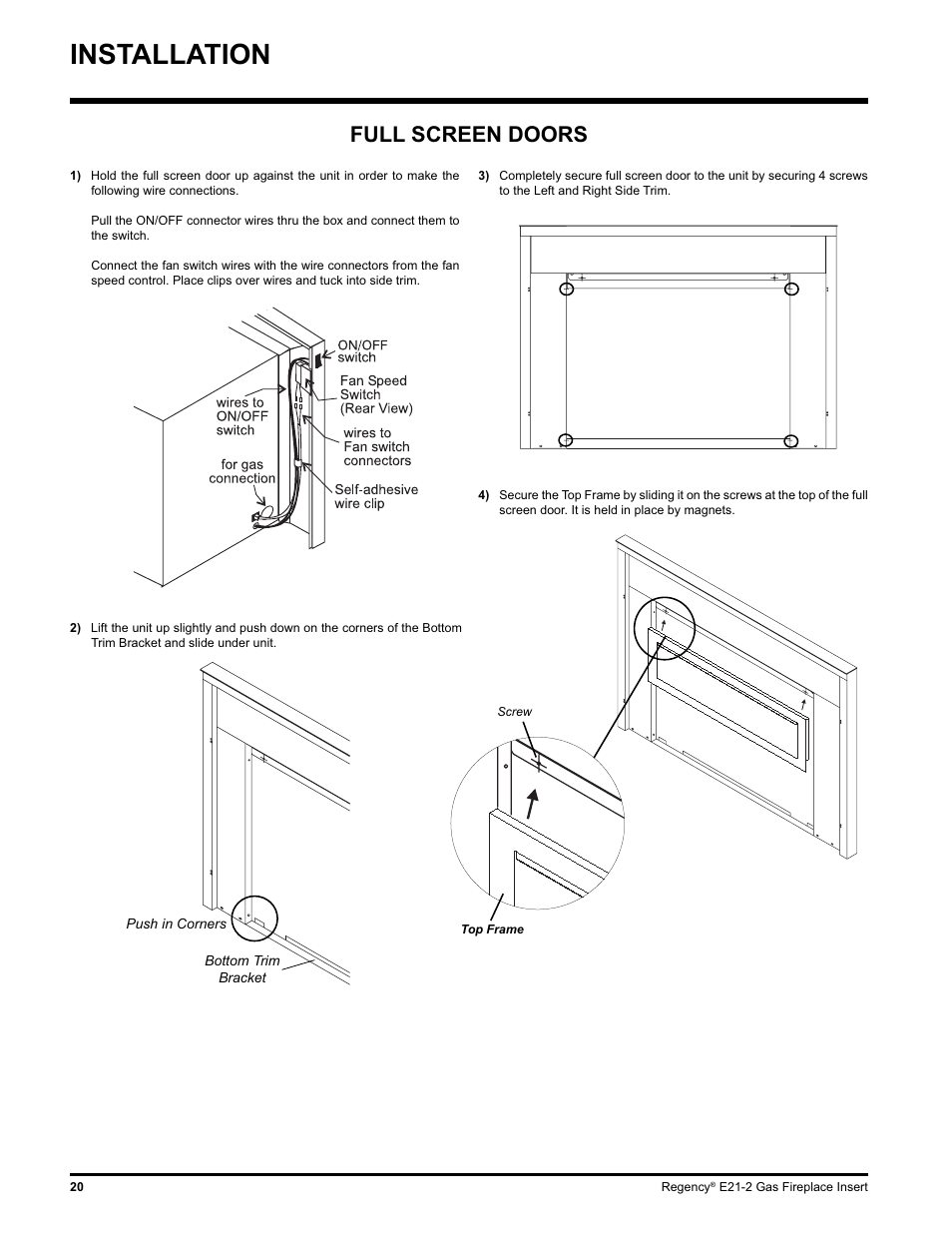 Installation, Full screen doors | Regency E21-LP2 User Manual | Page 20 / 32