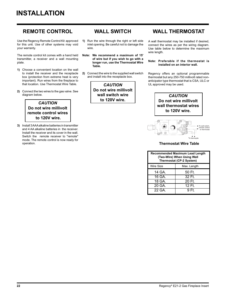 Installation, Wall switch, Remote control | Wall thermostat | Regency E21-LP2 User Manual | Page 22 / 32
