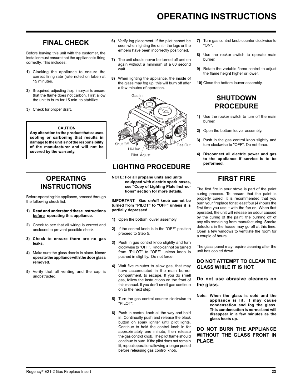 Operating instructions, Final check, Shutdown procedure | First fire, Lighting procedure | Regency E21-LP2 User Manual | Page 23 / 32