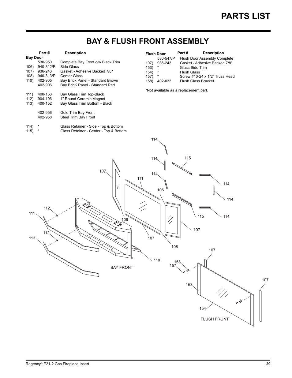 Parts list, Bay & flush front assembly | Regency E21-LP2 User Manual | Page 29 / 32