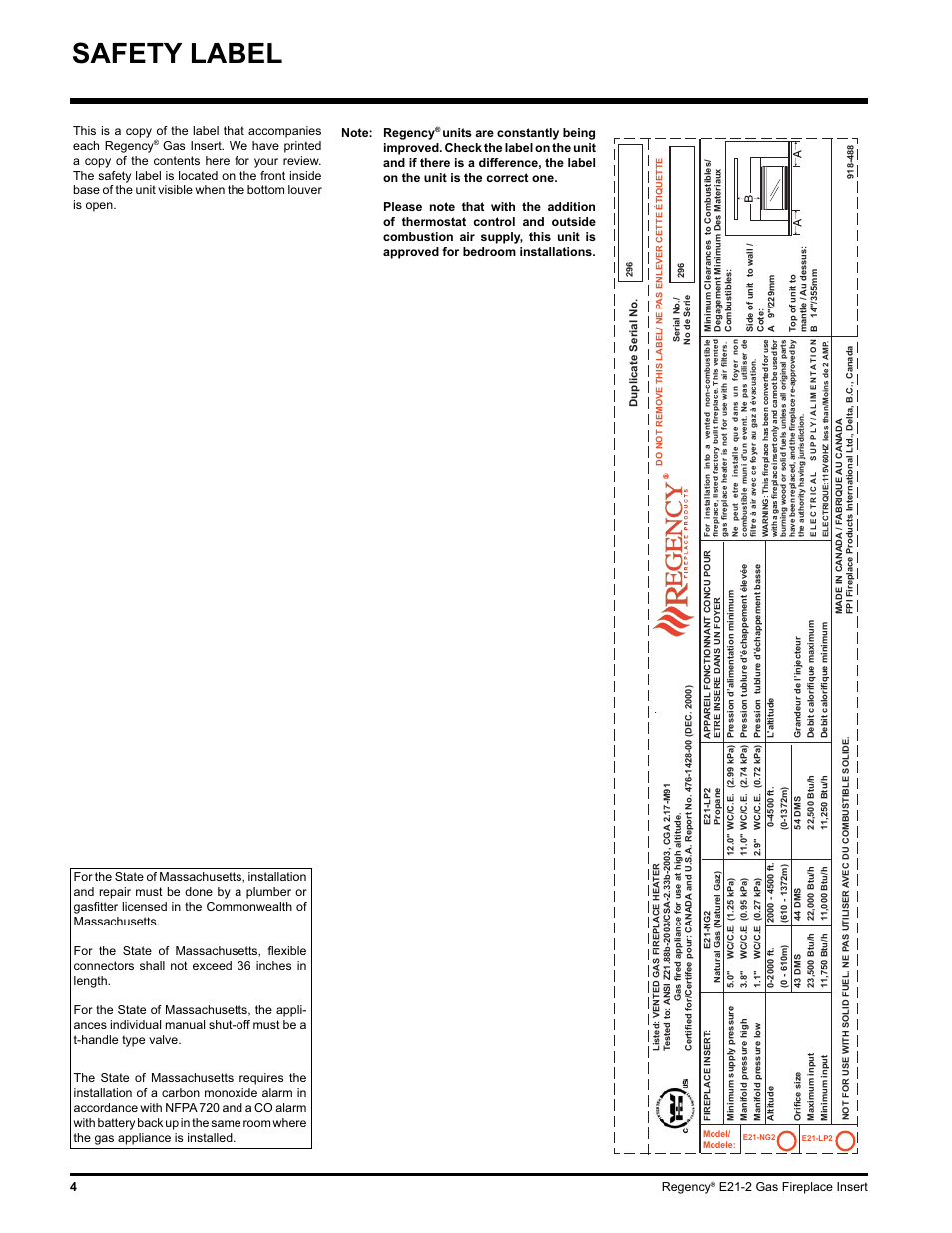 Safety label, 4regency, E21-2 gas fireplace insert | Regency E21-LP2 User Manual | Page 4 / 32