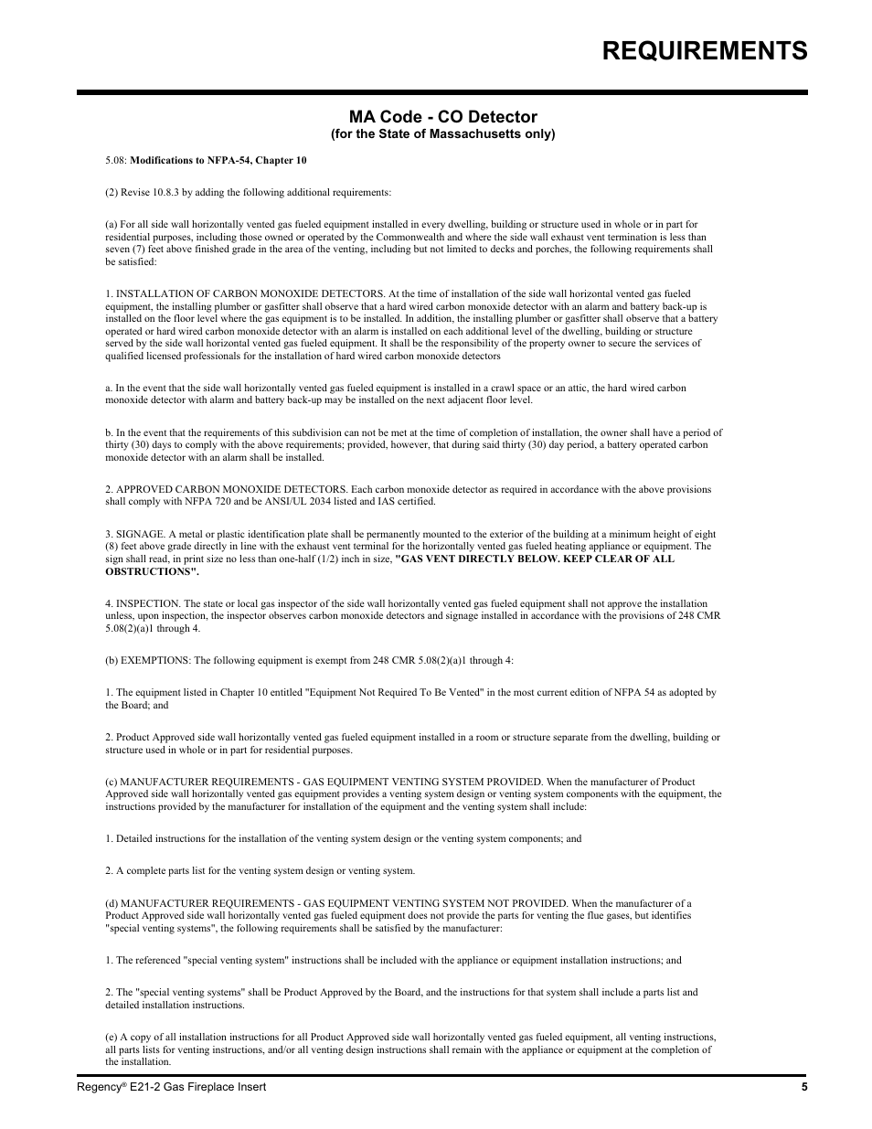 Requirements, Ma code - co detector | Regency E21-LP2 User Manual | Page 5 / 32