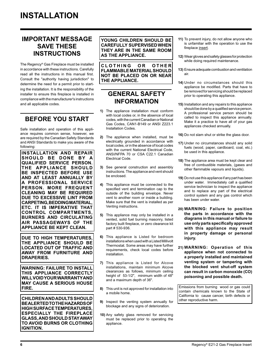 Installation, Important message save these instructions, Before you start | General safety information | Regency E21-LP2 User Manual | Page 6 / 32
