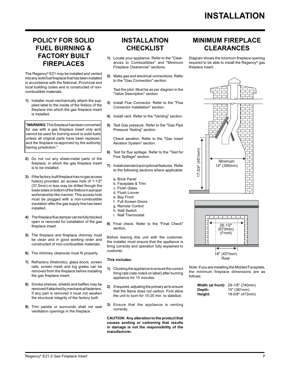 Installation, Minimum fireplace clearances, Installation checklist | Regency E21-LP2 User Manual | Page 7 / 32