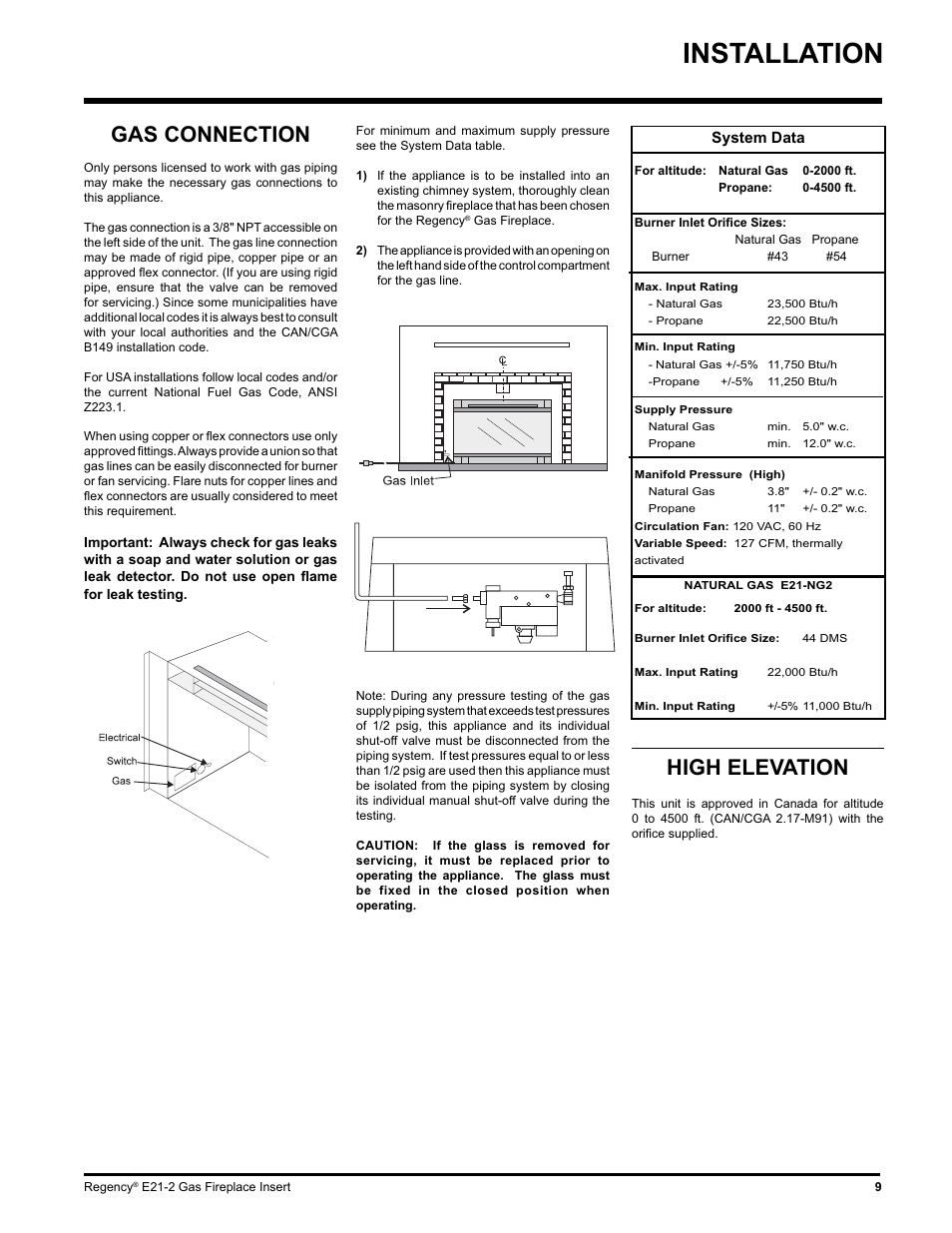 Installation, High elevation, Gas connection | Regency E21-LP2 User Manual | Page 9 / 32