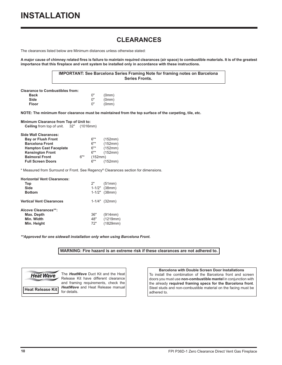 Installation, Clearances | Regency Panorama P36D User Manual | Page 10 / 72