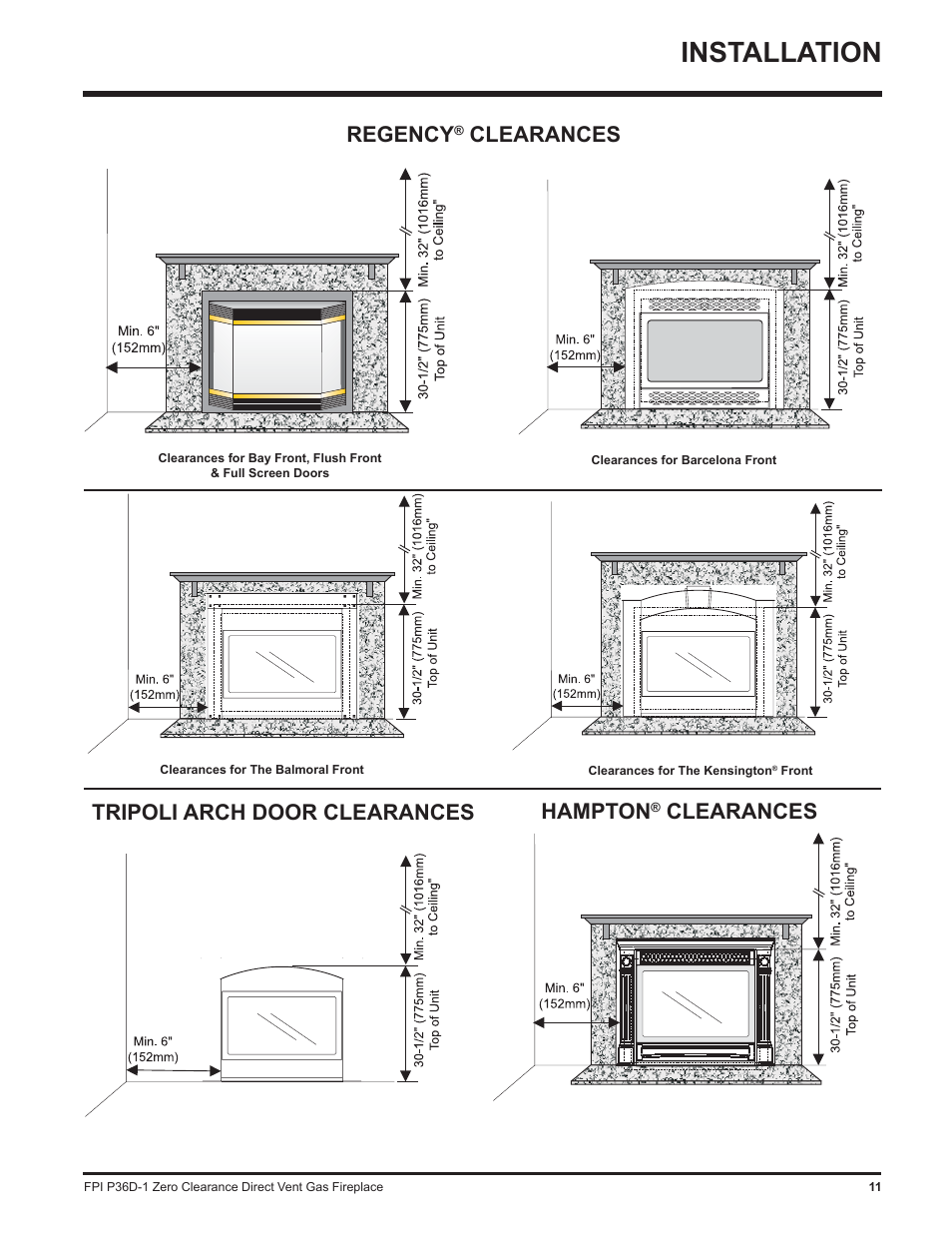 Installation, Regency, Clearances | Hampton, Tripoli arch door clearances | Regency Panorama P36D User Manual | Page 11 / 72