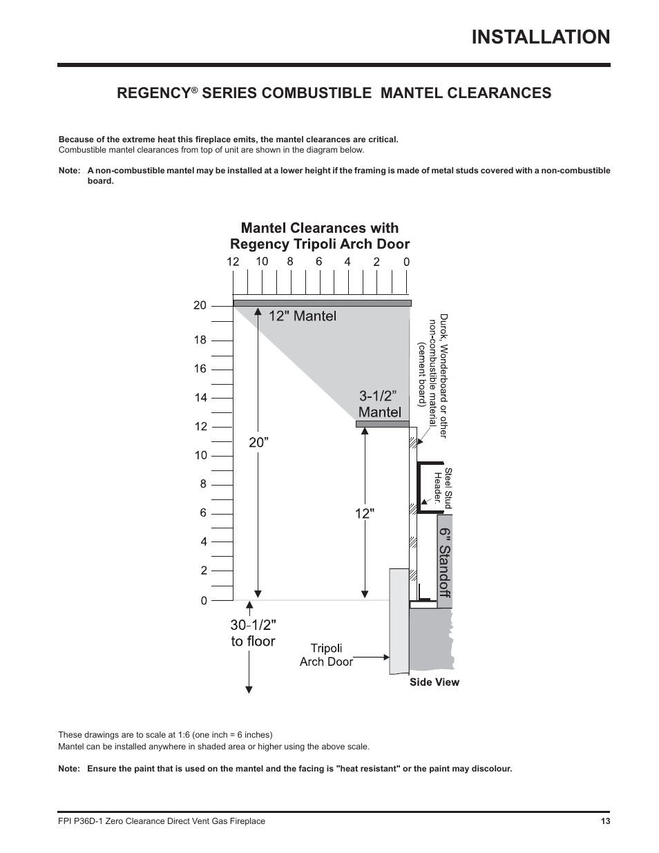 Installation, Regency, Series combustible mantel clearances | Regency Panorama P36D User Manual | Page 13 / 72