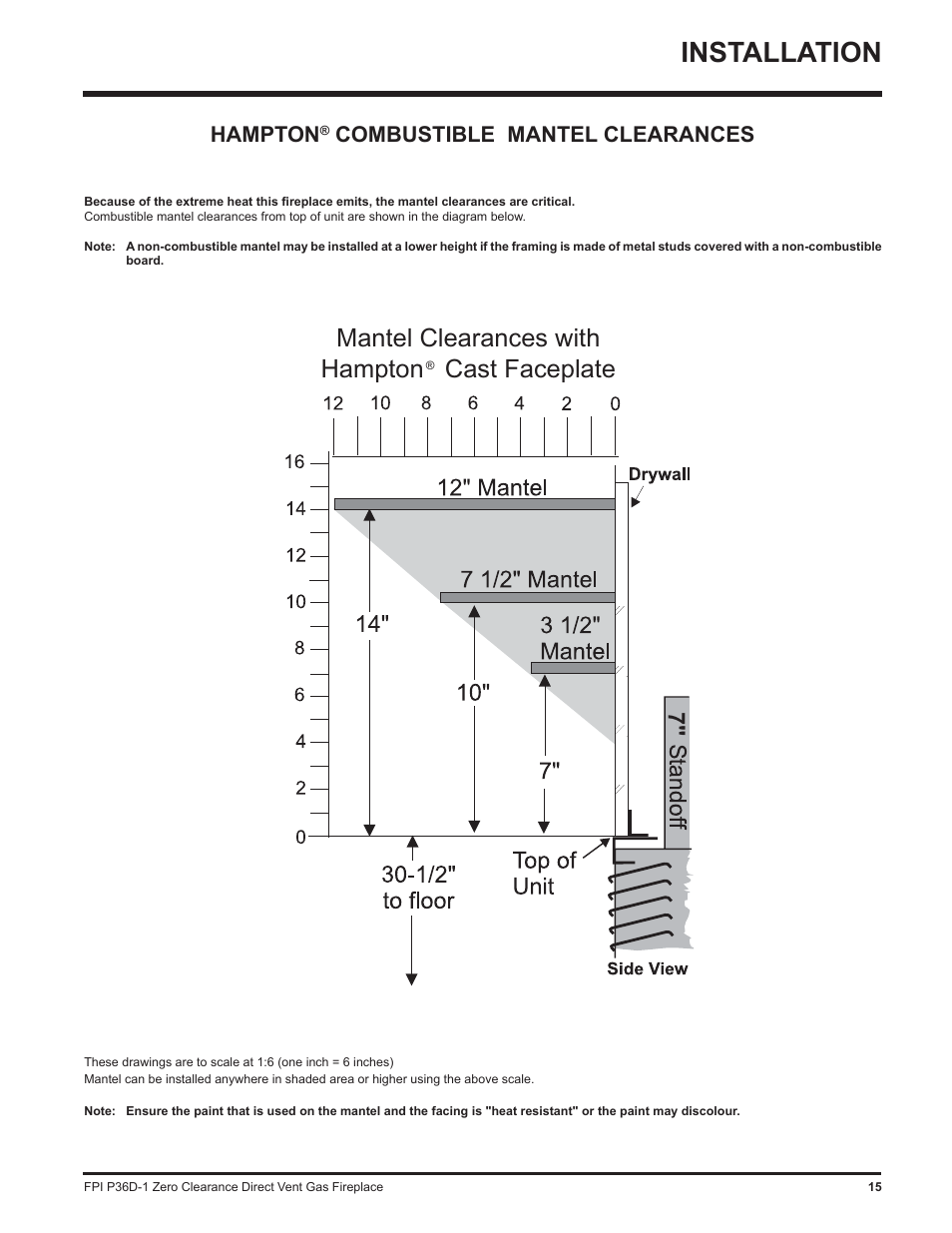 Installation, Mantel clearances with hampton cast faceplate, Hampton | Combustible mantel clearances | Regency Panorama P36D User Manual | Page 15 / 72