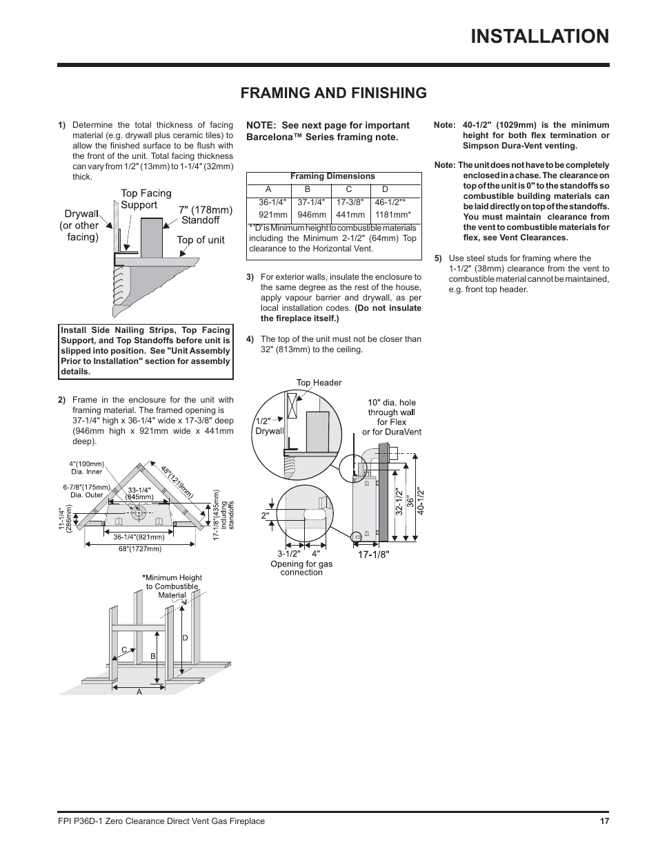 Installation, Framing and finishing | Regency Panorama P36D User Manual | Page 17 / 72