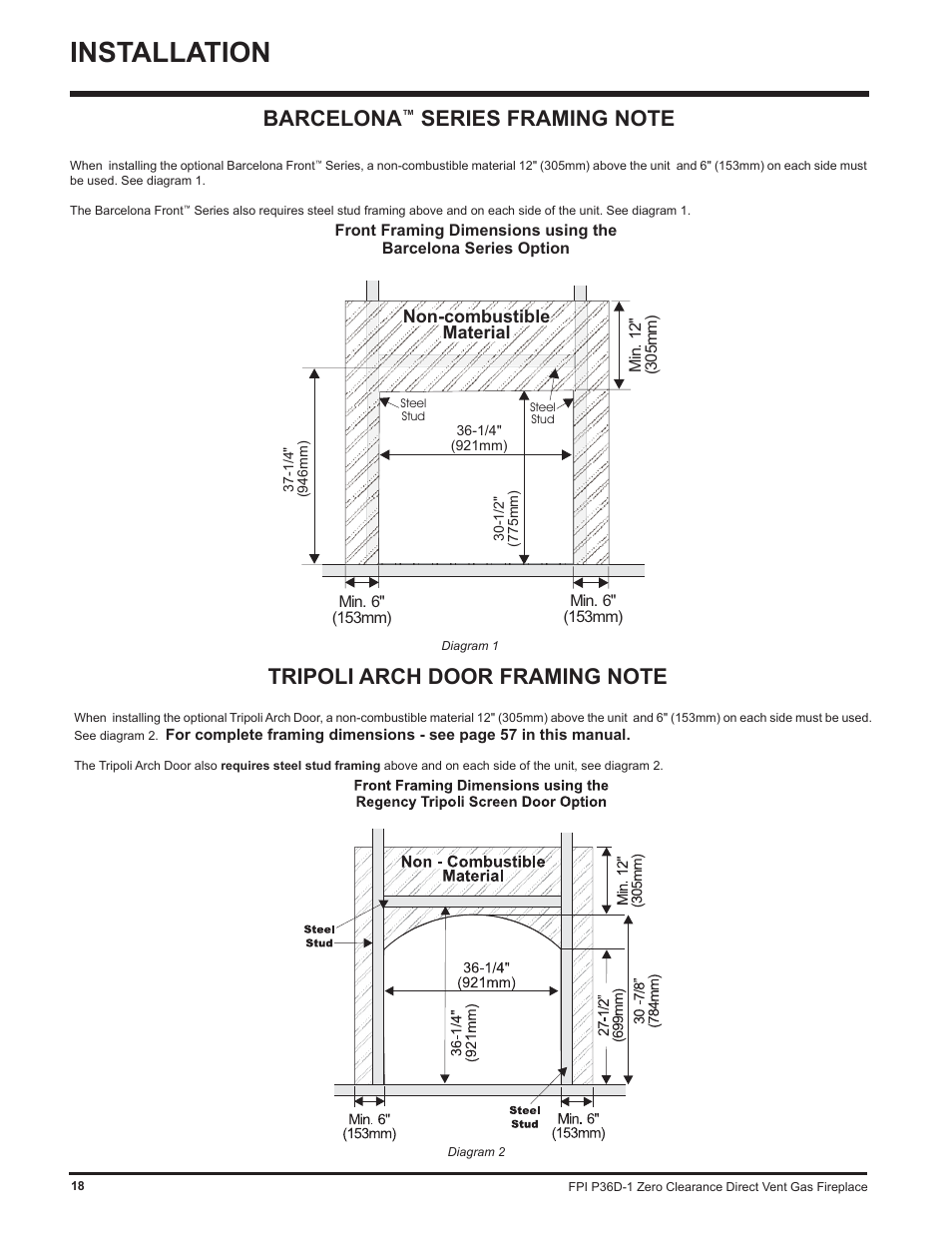 Installation, Barcelona, Non-combustible material | Regency Panorama P36D User Manual | Page 18 / 72