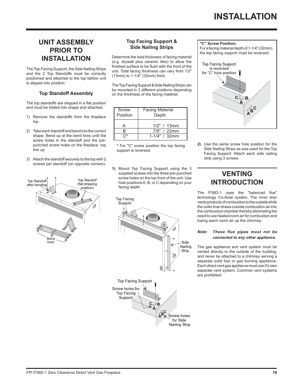 Installation, Unit assembly prior to installation, Venting introduction | Regency Panorama P36D User Manual | Page 19 / 72