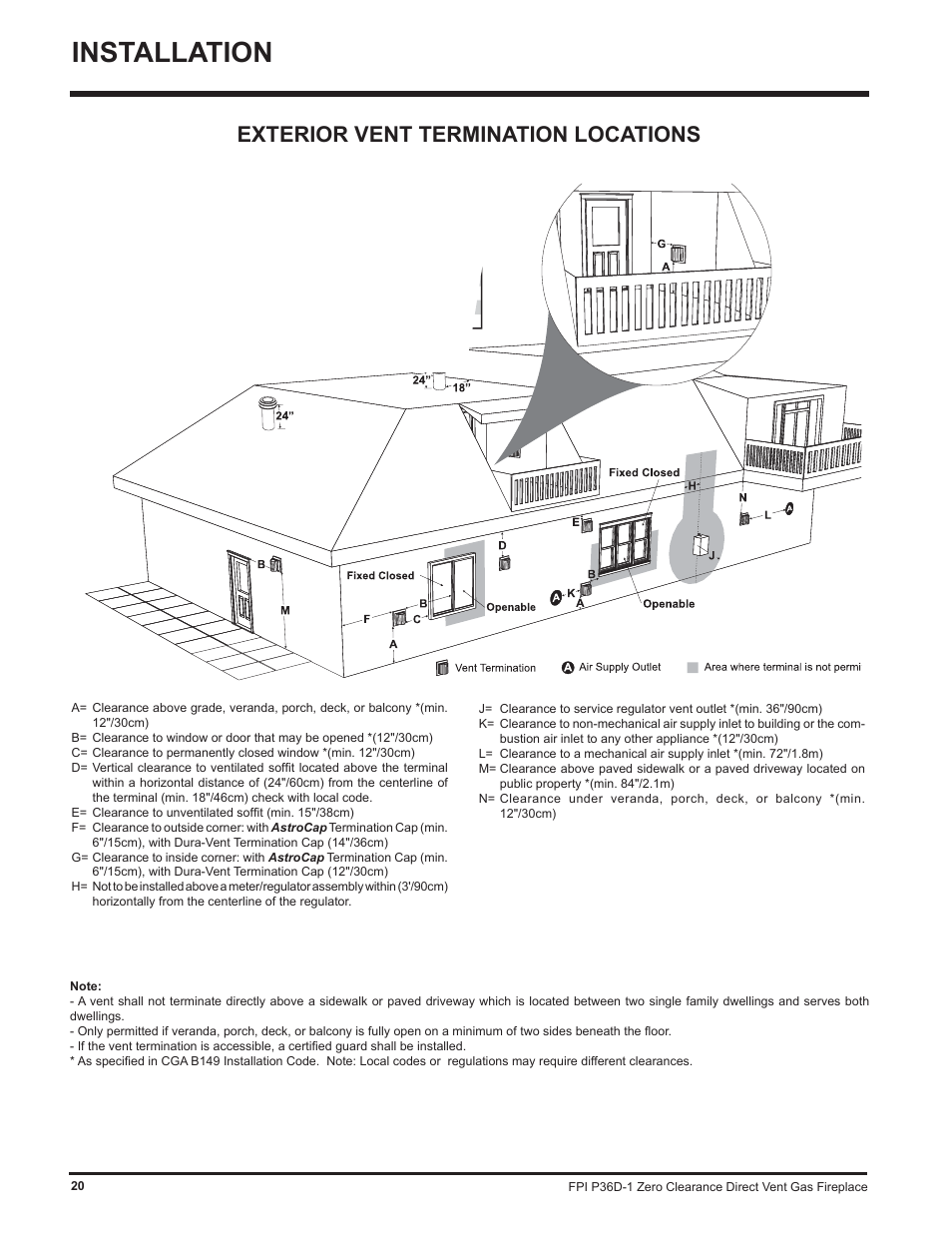 Installation, Exterior vent termination locations | Regency Panorama P36D User Manual | Page 20 / 72