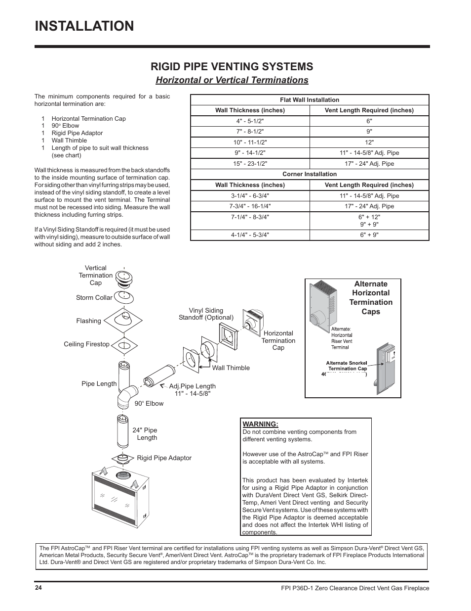 Installation, Rigid pipe venting systems, Horizontal or vertical terminations | Regency Panorama P36D User Manual | Page 24 / 72