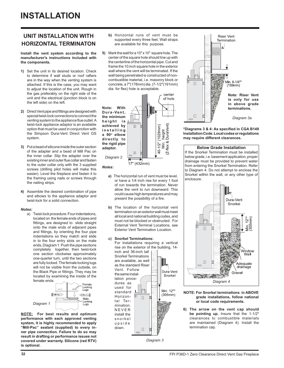 Installation, Unit installation with horizontal terminaton | Regency Panorama P36D User Manual | Page 32 / 72