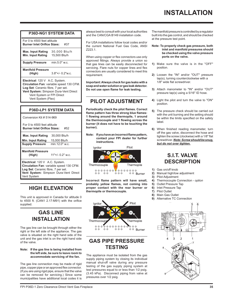 Installation, Gas pipe pressure testing, High elevation | Gas line installation, Pilot adjustment, S.i.t. valve description | Regency Panorama P36D User Manual | Page 35 / 72