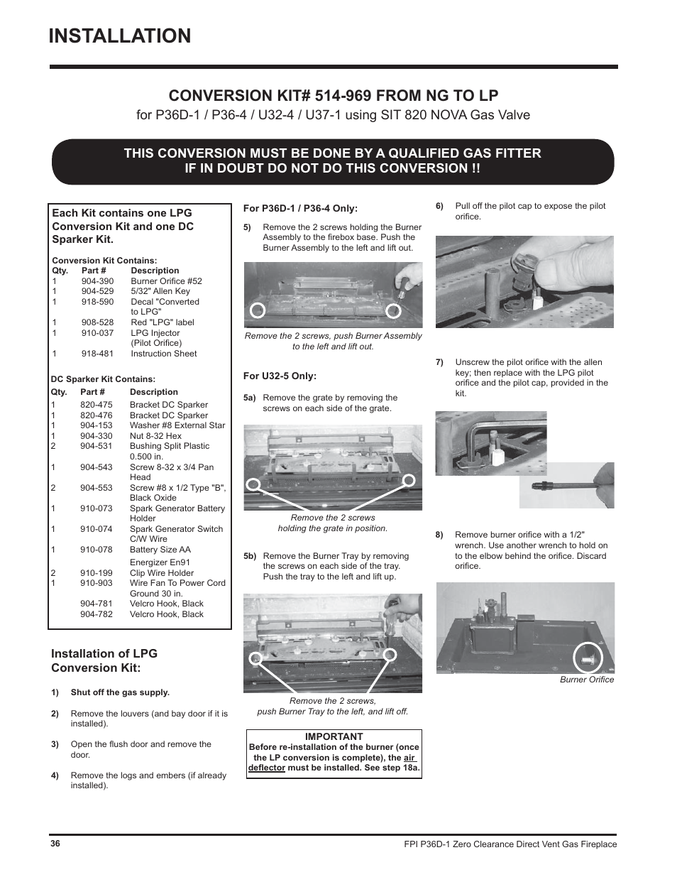 Installation, Installation of lpg conversion kit | Regency Panorama P36D User Manual | Page 36 / 72