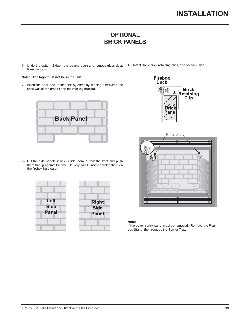 Installation, Optional brick panels | Regency Panorama P36D User Manual | Page 39 / 72