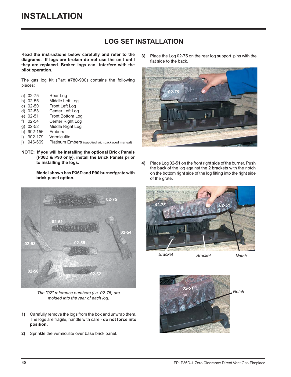 Installation, Log set installation | Regency Panorama P36D User Manual | Page 40 / 72