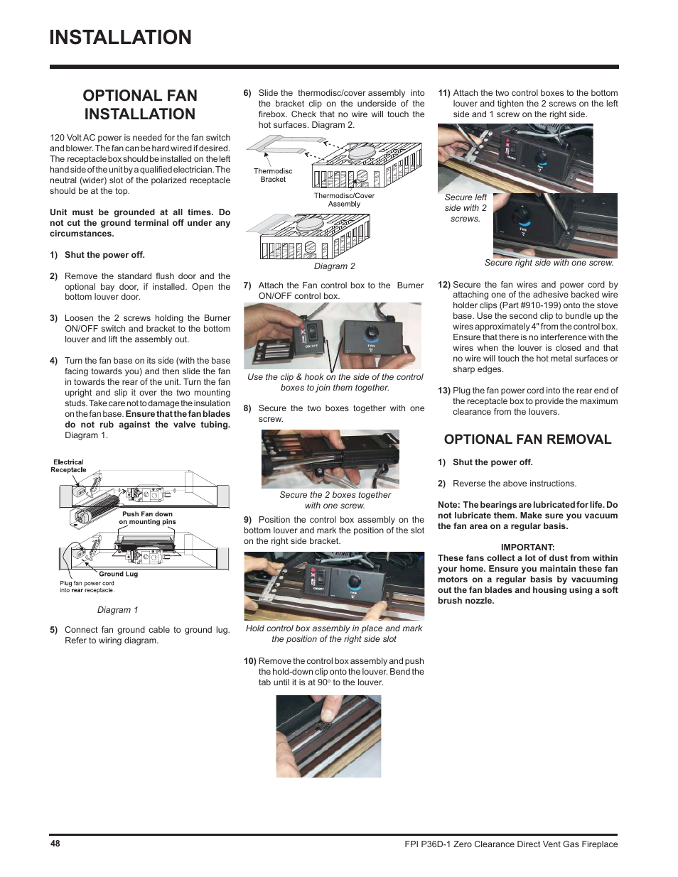 Installation, Optional fan installation, Optional fan removal | Regency Panorama P36D User Manual | Page 48 / 72