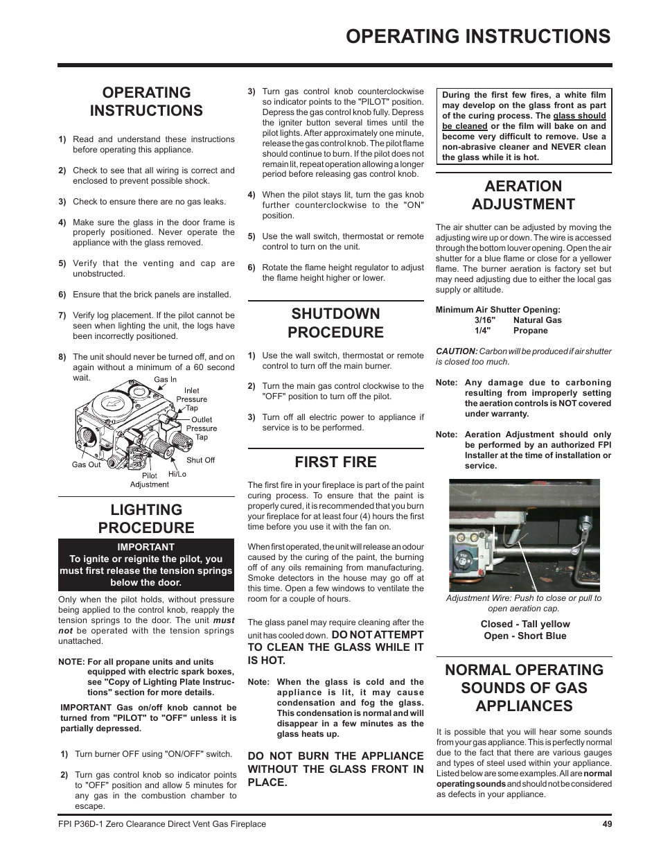 Operating instructions, Shutdown procedure, First fire | Aeration adjustment, Normal operating sounds of gas appliances, Lighting procedure operating instructions | Regency Panorama P36D User Manual | Page 49 / 72