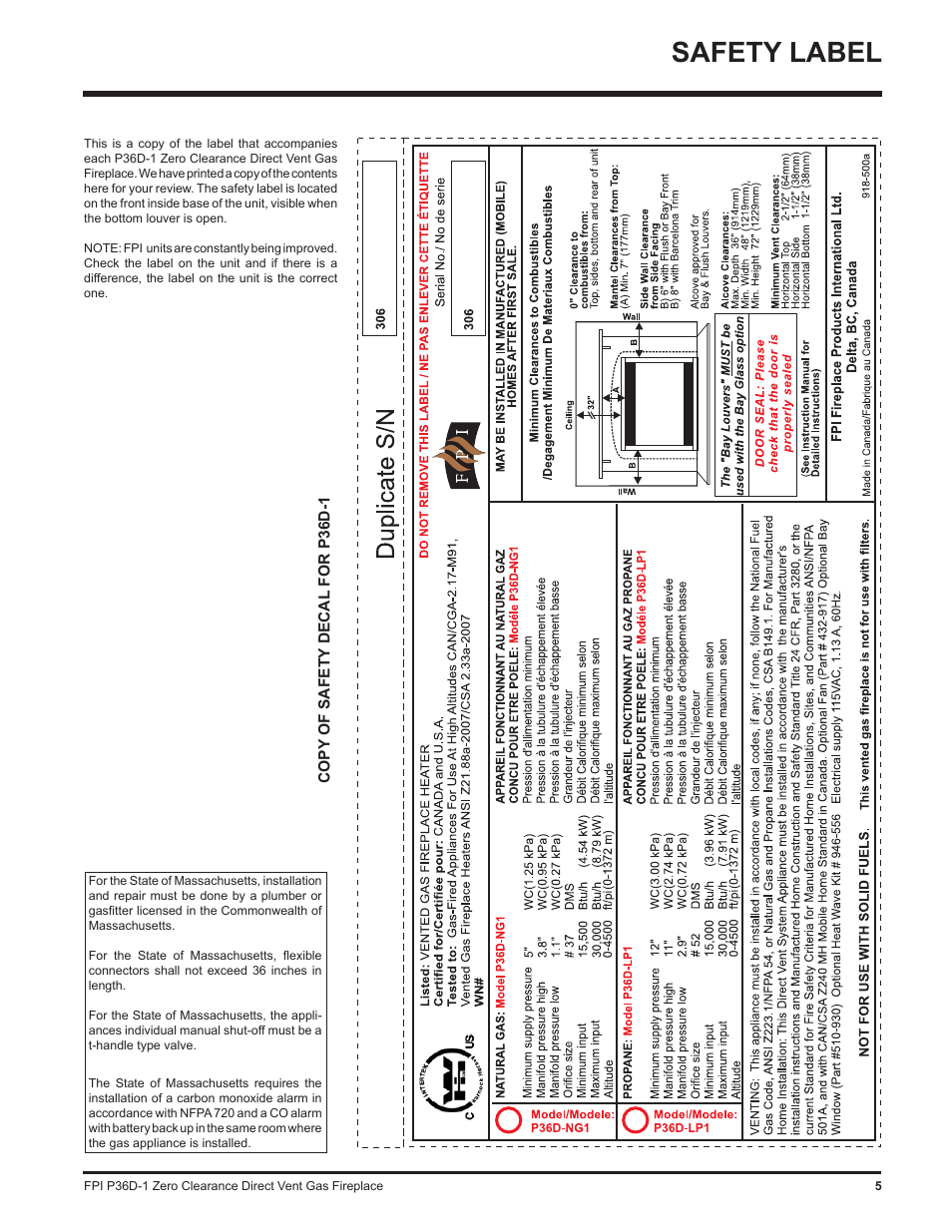 Safety label | Regency Panorama P36D User Manual | Page 5 / 72