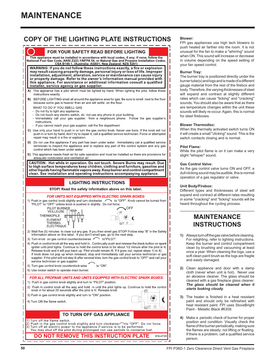 Maintenance, Maintenance instructions, Copy of the lighting plate instructions | Regency Panorama P36D User Manual | Page 50 / 72