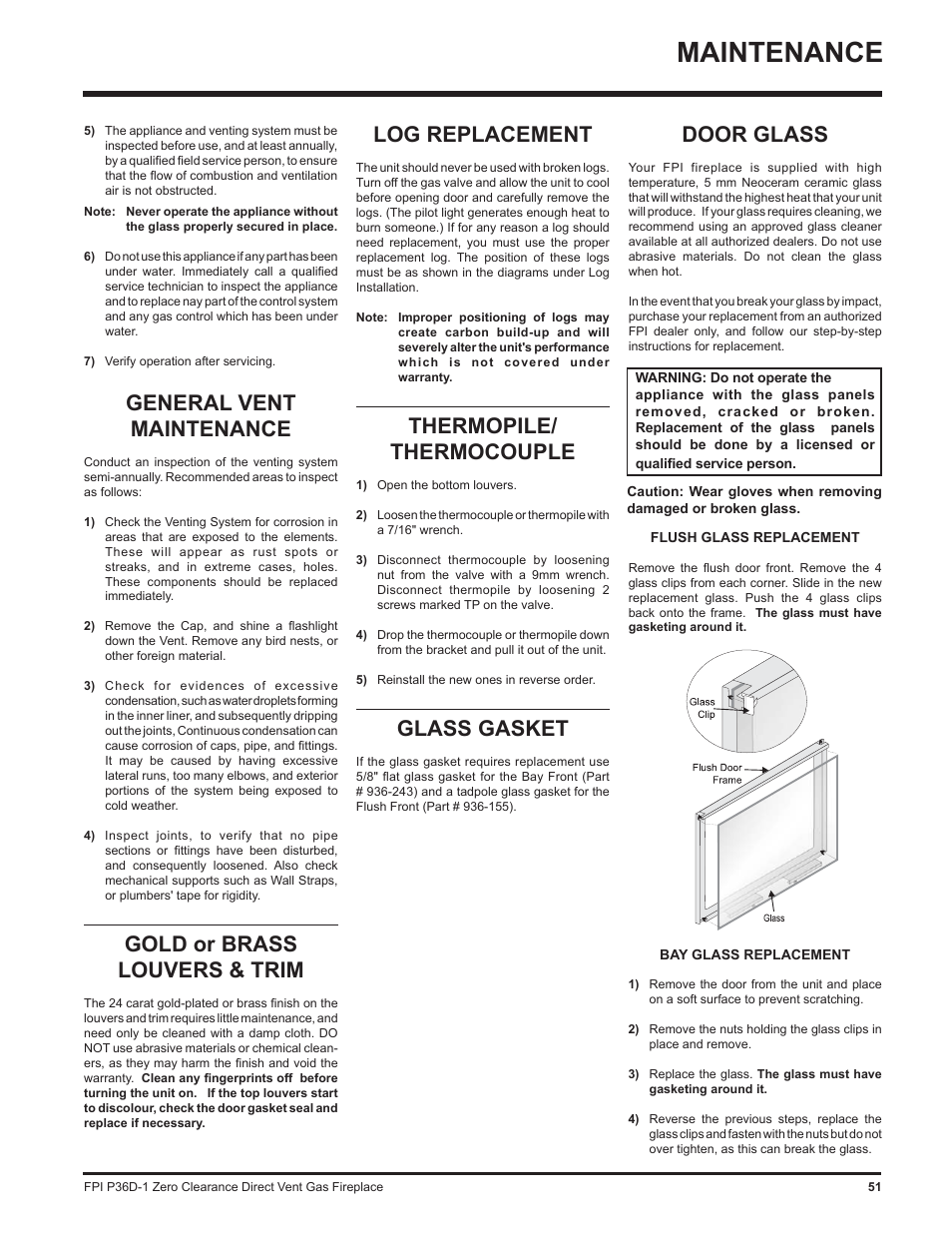 Maintenance, General vent maintenance, Gold or brass louvers & trim | Log replacement, Thermopile/ thermocouple, Glass gasket, Door glass | Regency Panorama P36D User Manual | Page 51 / 72