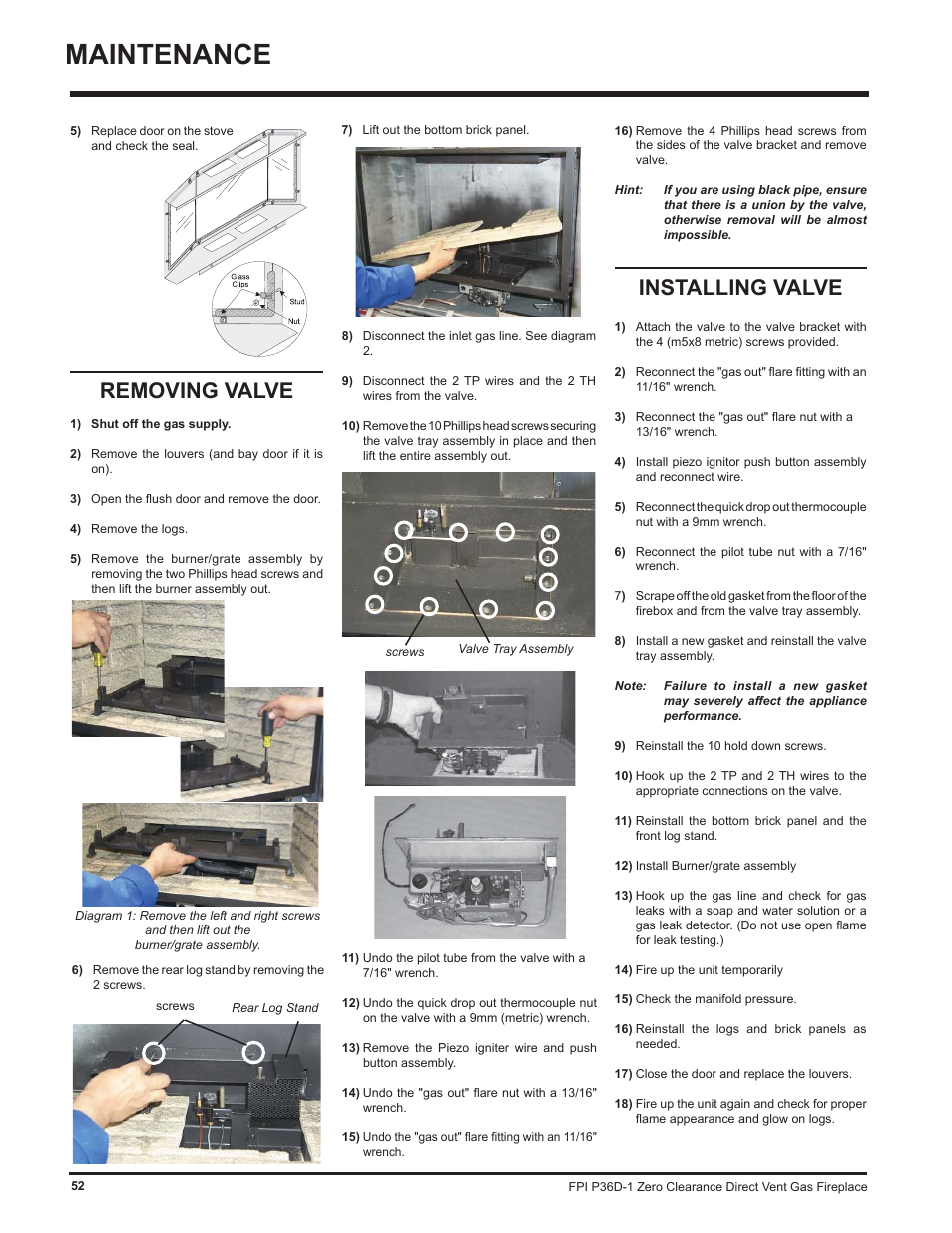 Maintenance, Installing valve, Removing valve | Regency Panorama P36D User Manual | Page 52 / 72