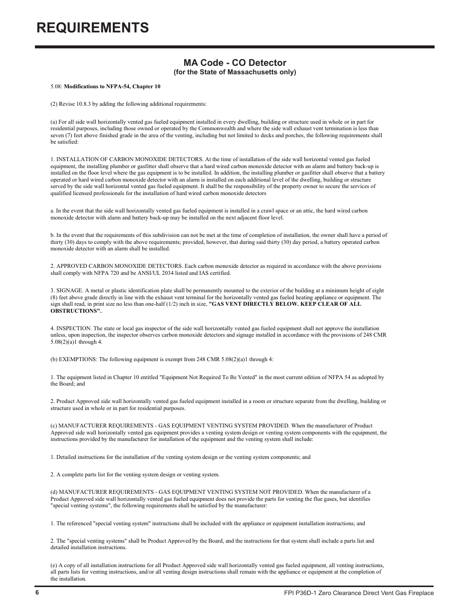 Requirements, Ma code - co detector | Regency Panorama P36D User Manual | Page 6 / 72