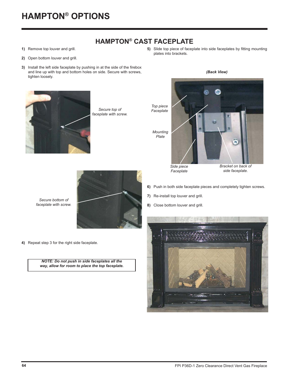 Hampton, Options, Cast faceplate | Regency Panorama P36D User Manual | Page 64 / 72