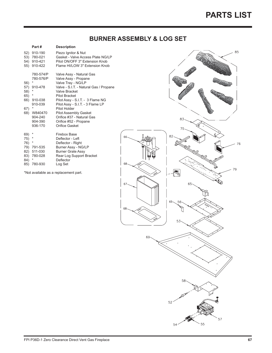 Parts list, Burner assembly & log set | Regency Panorama P36D User Manual | Page 67 / 72