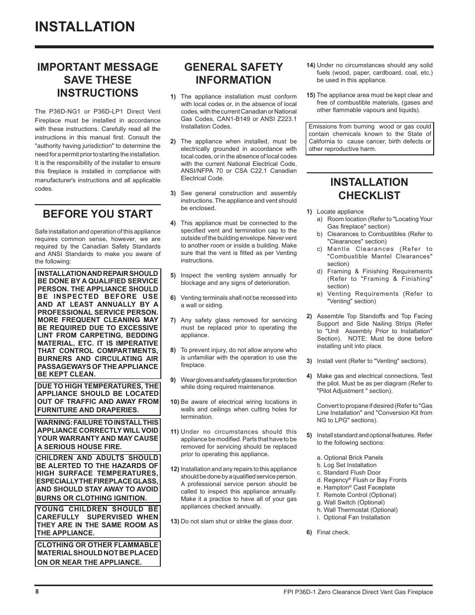 Installation, Important message save these instructions, Before you start | General safety information, Installation checklist | Regency Panorama P36D User Manual | Page 8 / 72