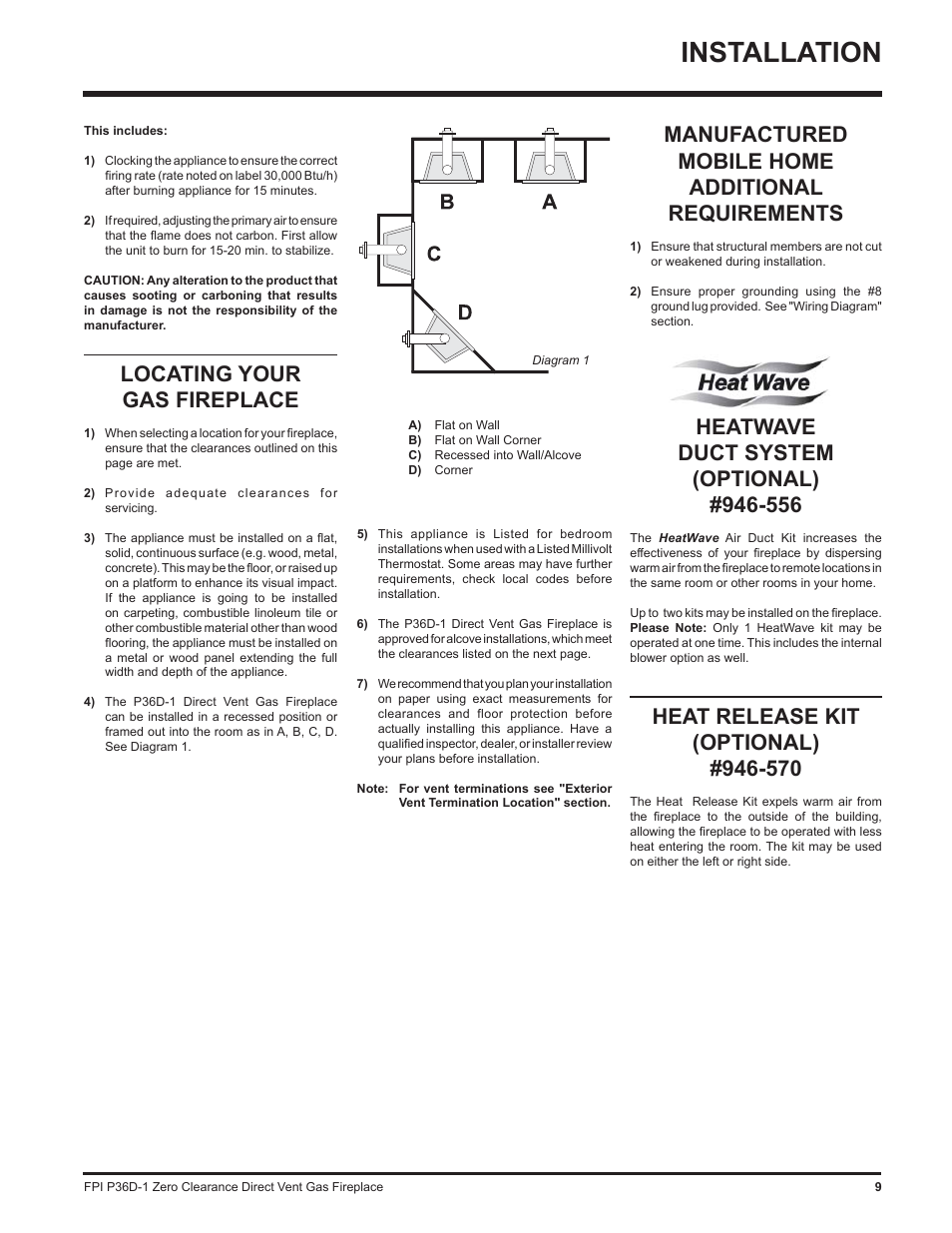 Installation, Locating your gas fireplace, Manufactured mobile home additional requirements | Regency Panorama P36D User Manual | Page 9 / 72