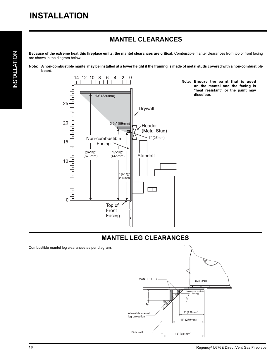 Installation, Mantel clearances, Mantel leg clearances | Inst alla tion | Regency LIBERTY L676E-NG User Manual | Page 10 / 48