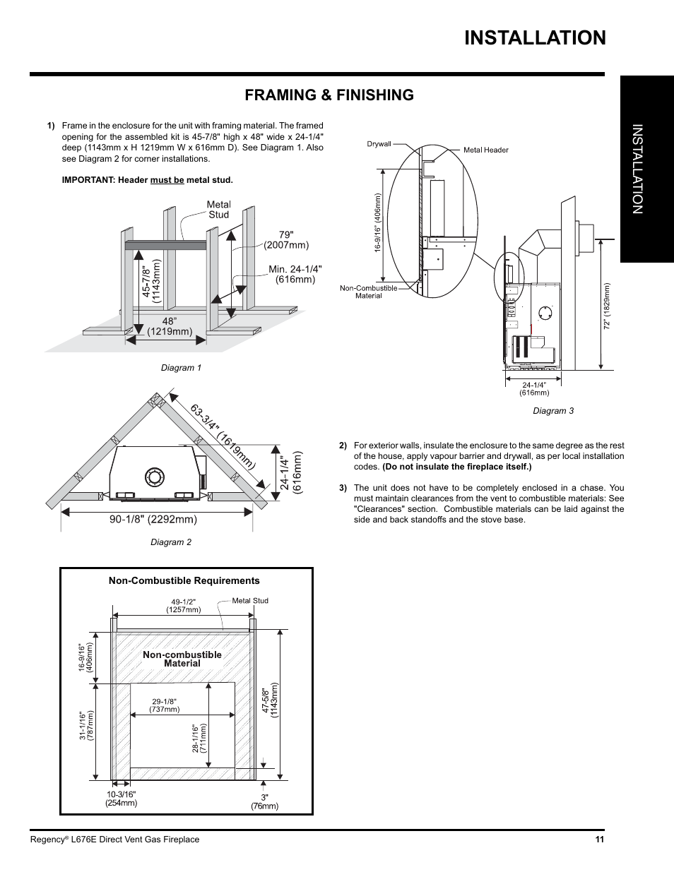 Installation, Framing & finishing, Inst alla tion | Regency LIBERTY L676E-NG User Manual | Page 11 / 48