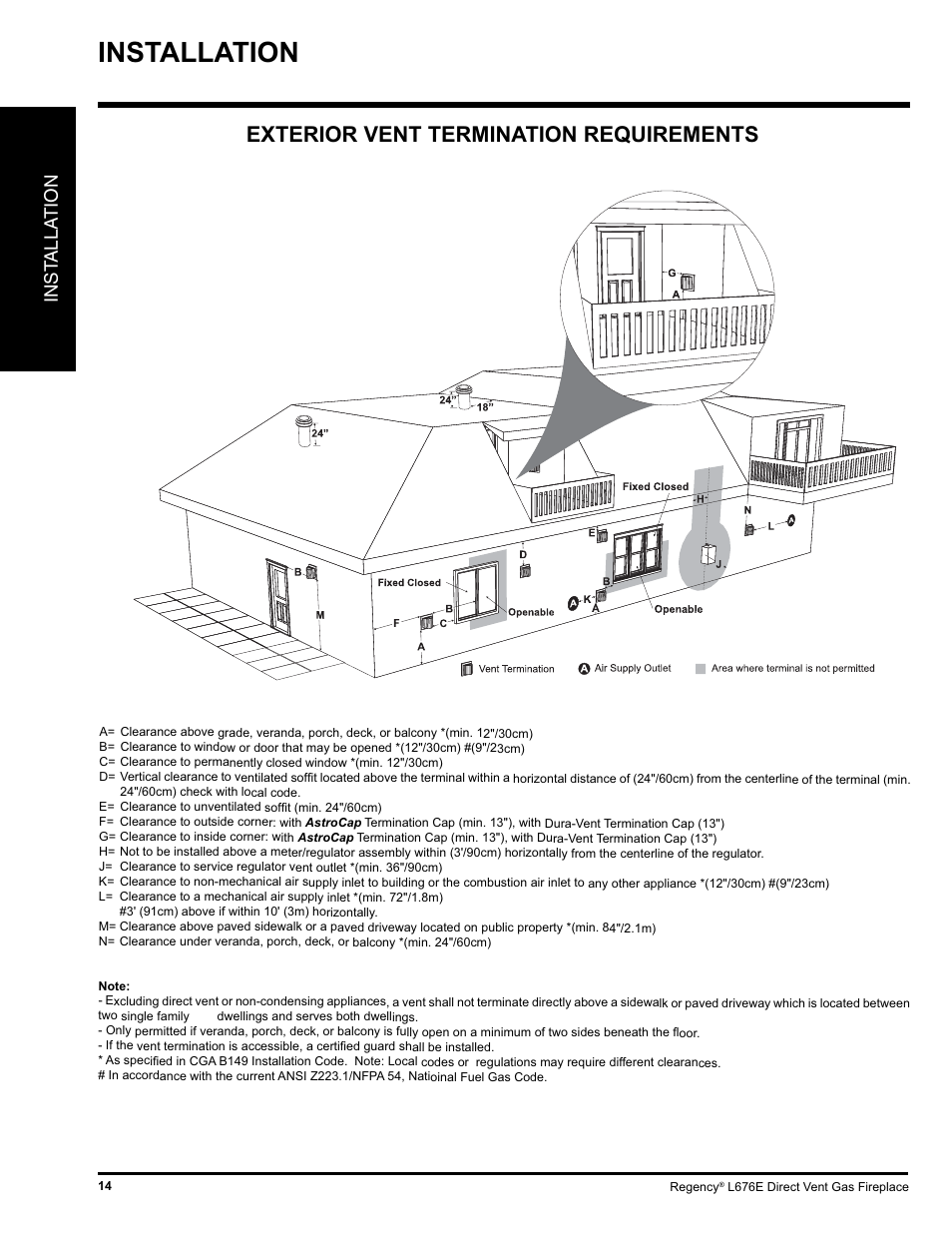 Installation, Exterior vent termination requirements, Inst alla tion | Regency LIBERTY L676E-NG User Manual | Page 14 / 48