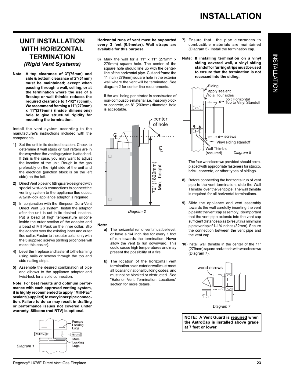 Installation, Unit installation with horizontal termination, Inst alla tion | Rigid vent systems) | Regency LIBERTY L676E-NG User Manual | Page 23 / 48