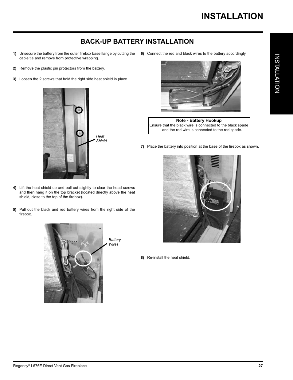 Installation, Back-up battery installation, Inst alla tion | Regency LIBERTY L676E-NG User Manual | Page 27 / 48