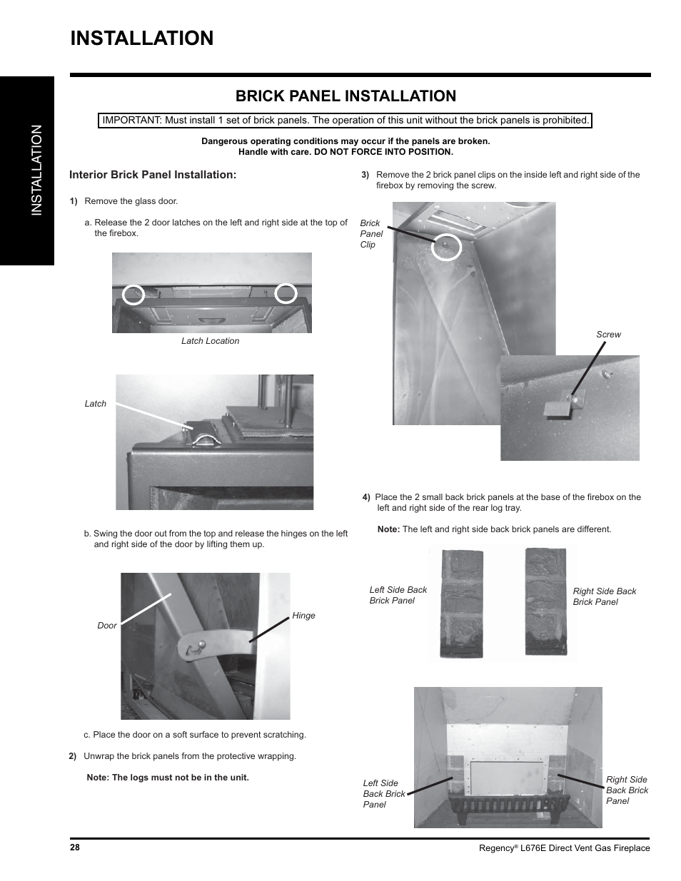 Installation, Brick panel installation, Inst alla tion | Regency LIBERTY L676E-NG User Manual | Page 28 / 48