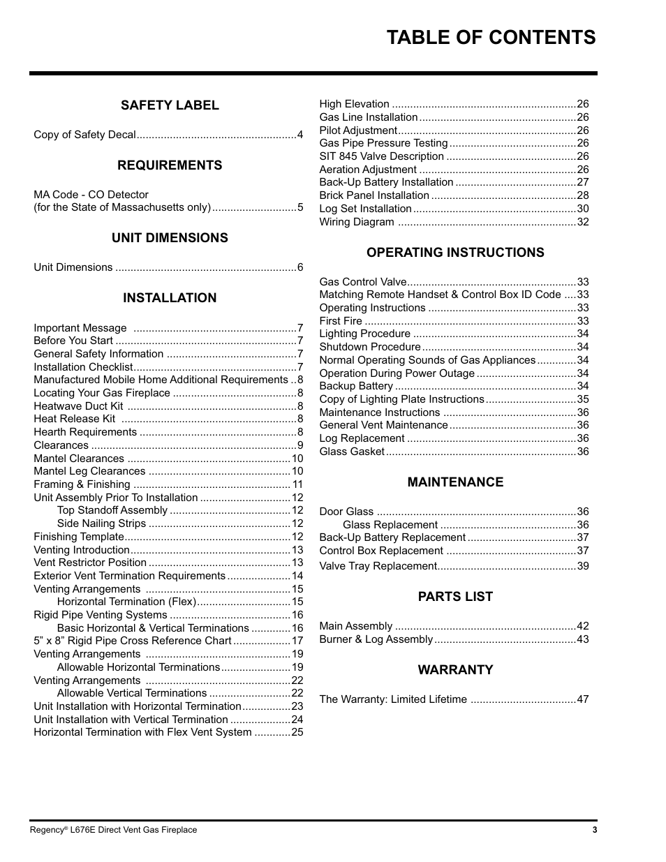 Regency LIBERTY L676E-NG User Manual | Page 3 / 48