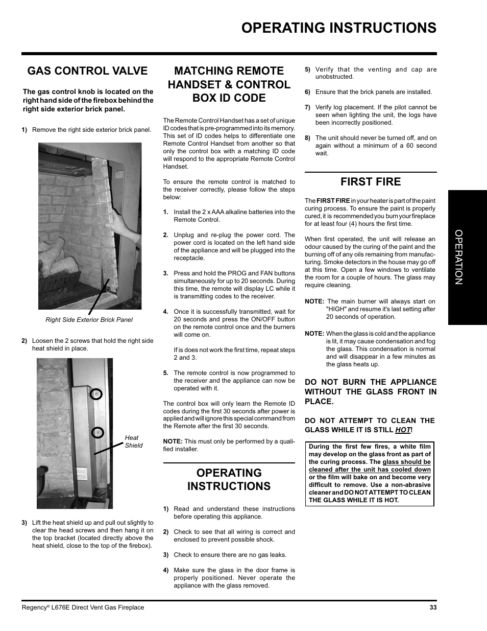 Operating instructions, First fire, Matching remote handset & control box id code | Gas control valve, Opera tion | Regency LIBERTY L676E-NG User Manual | Page 33 / 48