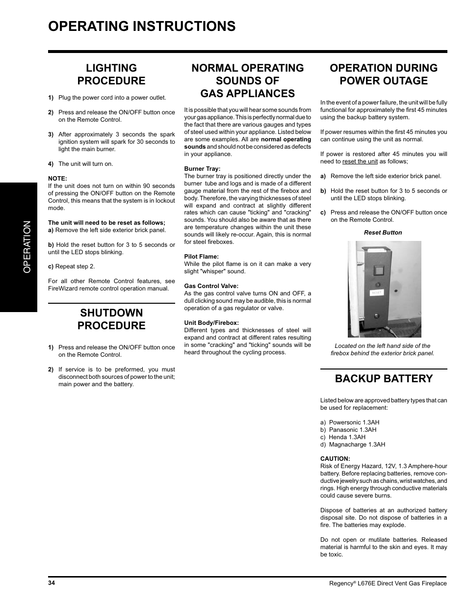 Operating instructions, Shutdown procedure, Lighting procedure | Normal operating sounds of gas appliances, Operation during power outage, Backup battery, Opera tion | Regency LIBERTY L676E-NG User Manual | Page 34 / 48