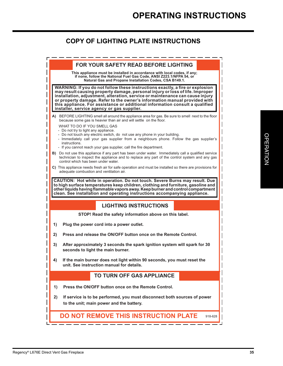 Operating instructions, Copy of lighting plate instructions, Do not remove this instruction plate | Opera tion | Regency LIBERTY L676E-NG User Manual | Page 35 / 48