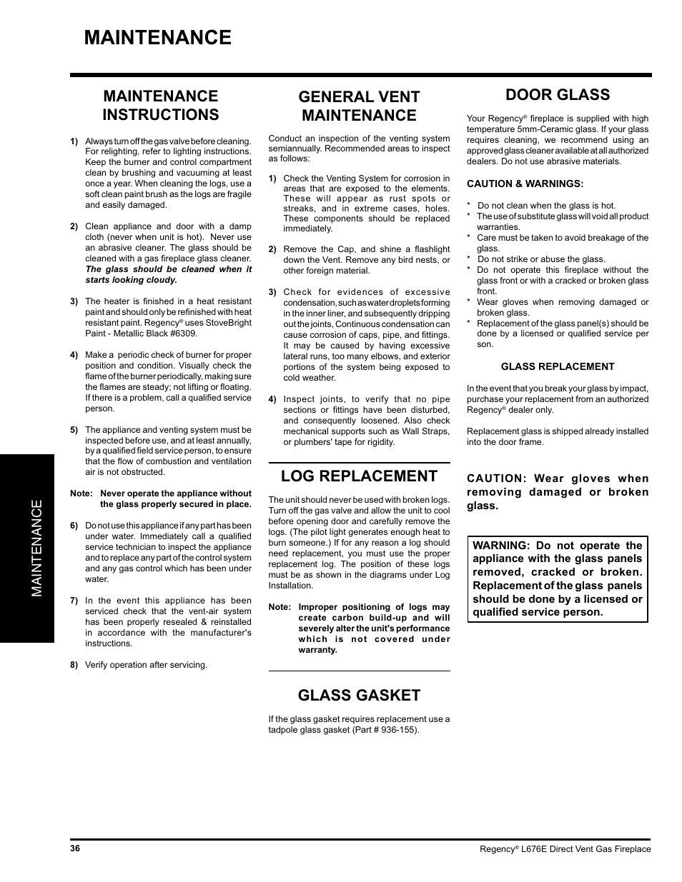 Maintenance instructions, General vent maintenance, Log replacement | Glass gasket, Door glass, Maintenance | Regency LIBERTY L676E-NG User Manual | Page 36 / 48