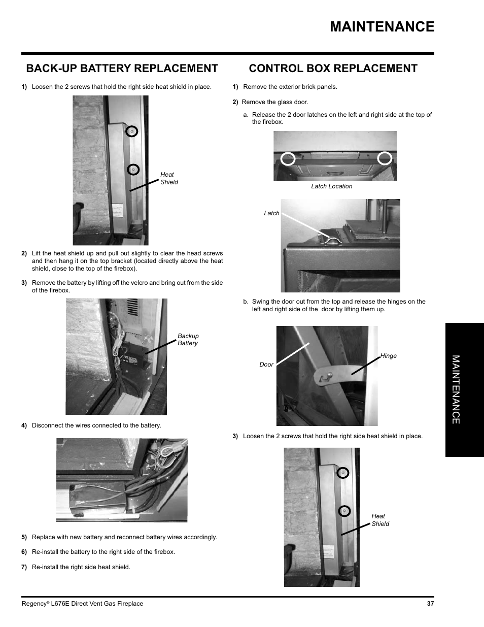 Back-up battery replacement, Control box replacement, Maintenance | Regency LIBERTY L676E-NG User Manual | Page 37 / 48