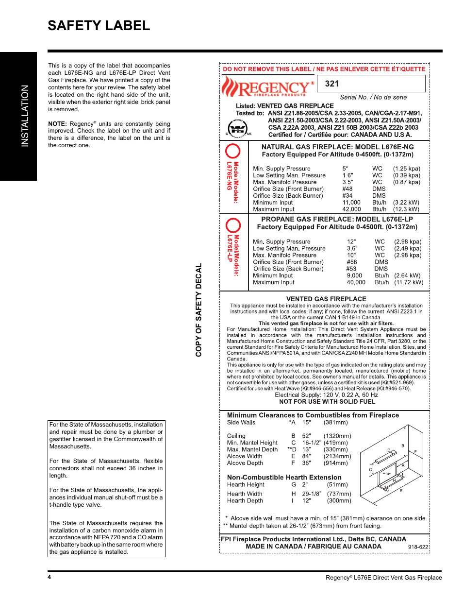 Safety label, Inst alla tion | Regency LIBERTY L676E-NG User Manual | Page 4 / 48