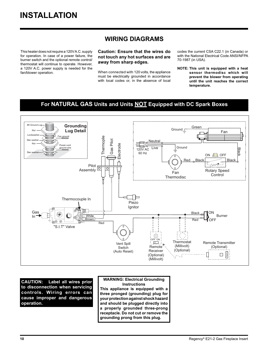 Installation, Wiring diagrams, Natural gas | Units and units, Equipped with dc spark boxes, Grounding lug detail | Regency E21-NG2 User Manual | Page 10 / 32